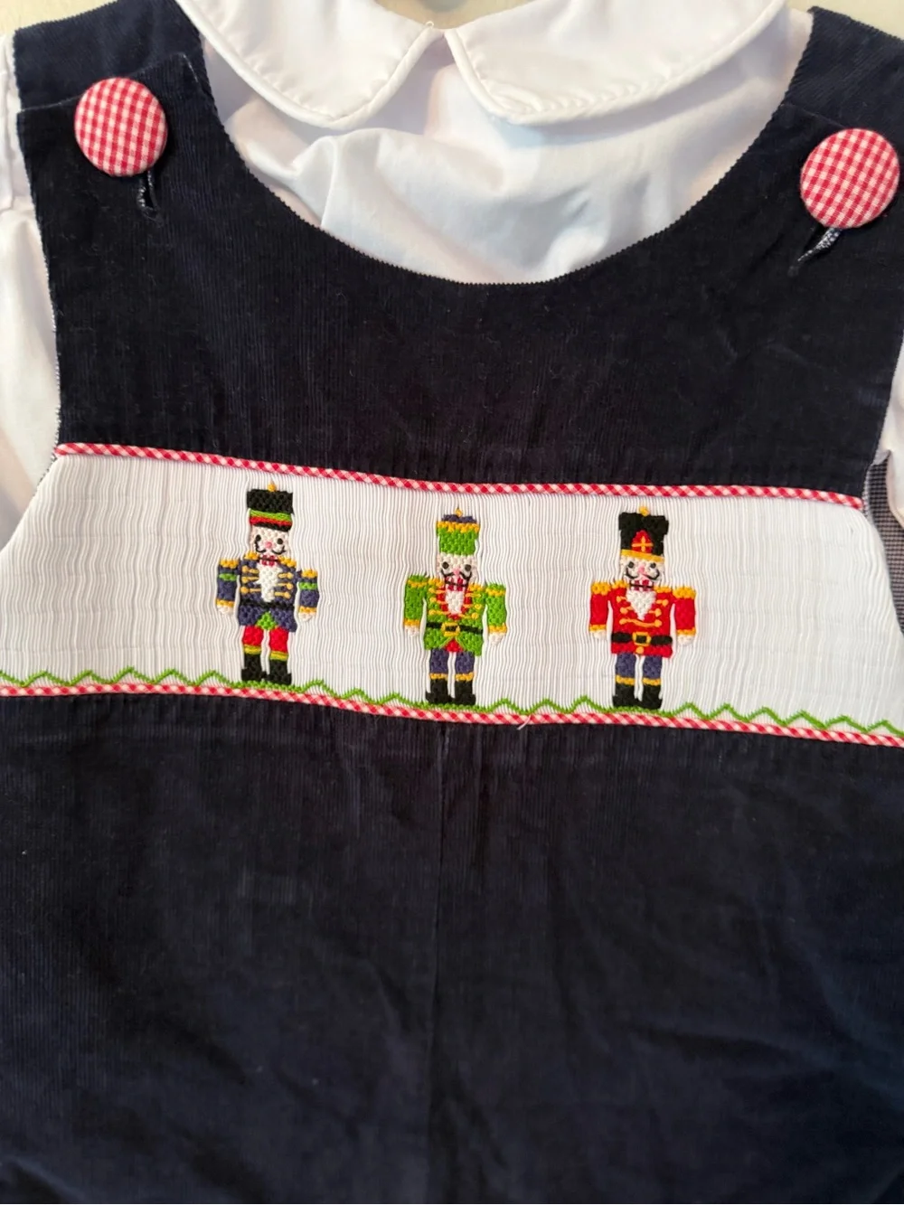 Southern Tots Navy Smocked Nutcracker Corduroy Overalls with White Blouse